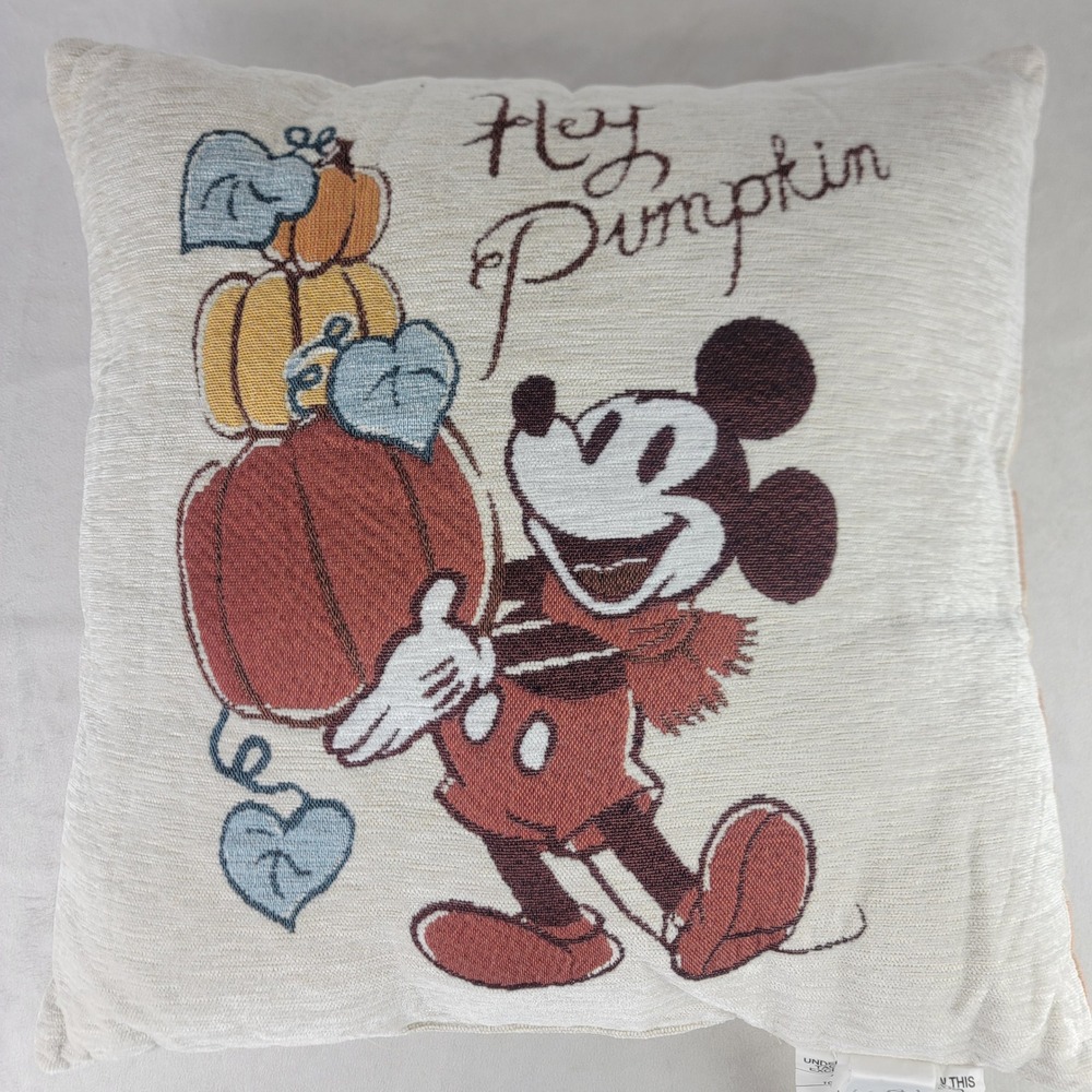 Disney Mickey Mouse Hey Pumpkin Fall Throw Pillow 18 x 18 Decorative Neutral NEW